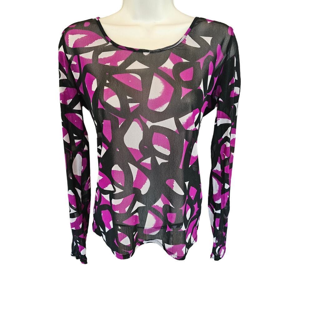 Calvin klein S purple black geometric semi Sheer long sleeve layering blouse ^